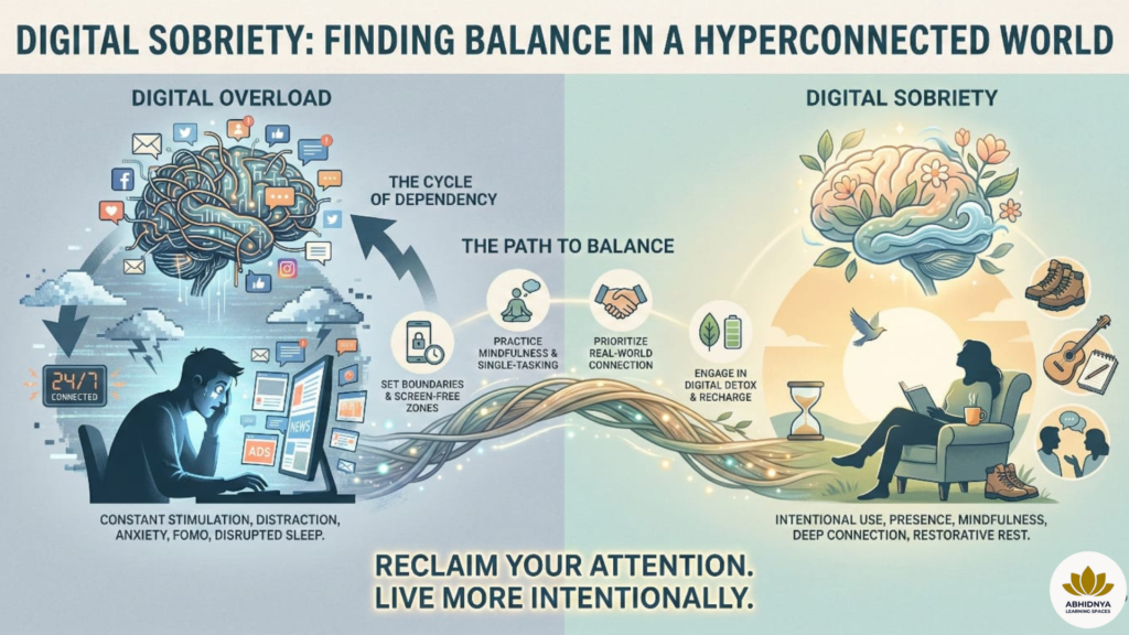 Infographic showing the path from digital overload to digital sobriety and intentional living by Abhidnya Learning Spaces